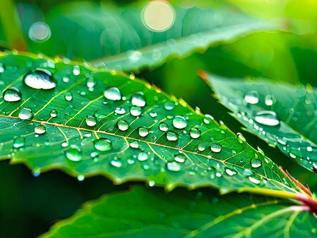 Капли воды на зеленом листе с эффектом боке