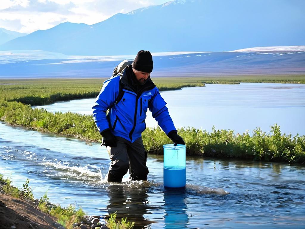Исследователь берет пробы воды из Ангары во время экспедиции для изучения ее свойств