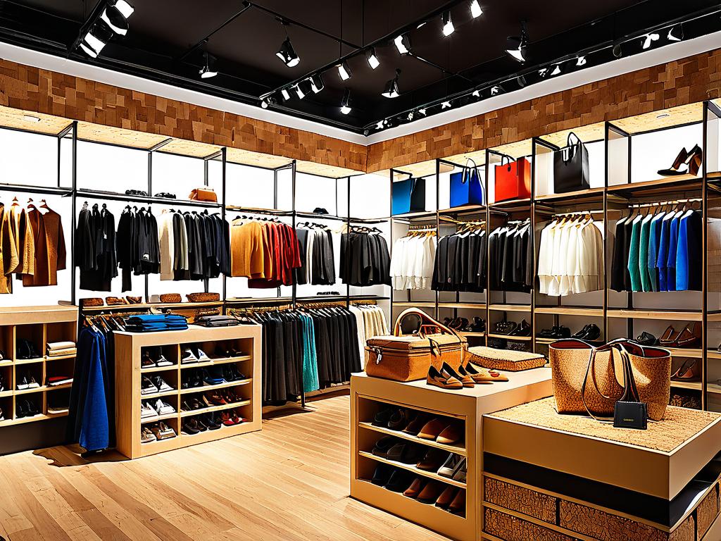 Одежда, обувь, сумки и аксессуары из пробковой кожи и ткани, представленные в магазине.