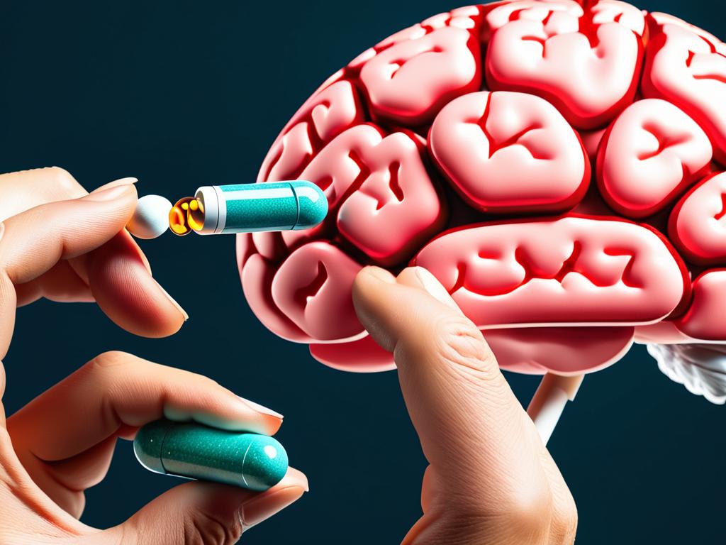 Фото руки кладущей таблетку карбамазепина рядом с изображением мозга