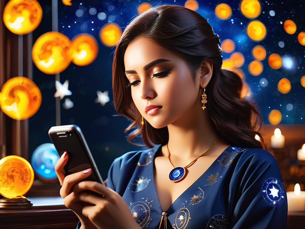 Девушка смотрит гороскоп в телефоне думая о судьбе и карьере