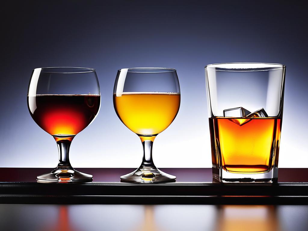 Три рюмки с алкогольными напитками в ряд, иллюстрирующие постепенное развитие алкоголизма