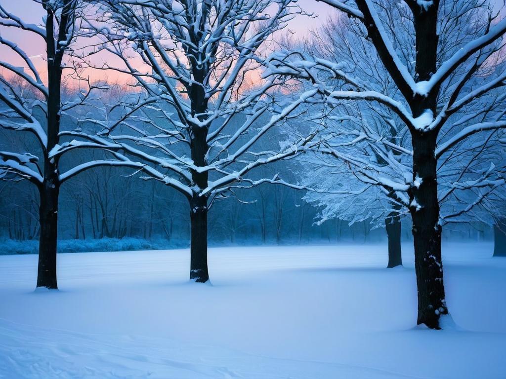 Снежные деревья в зимний вечер. Меланхоличное настроение.