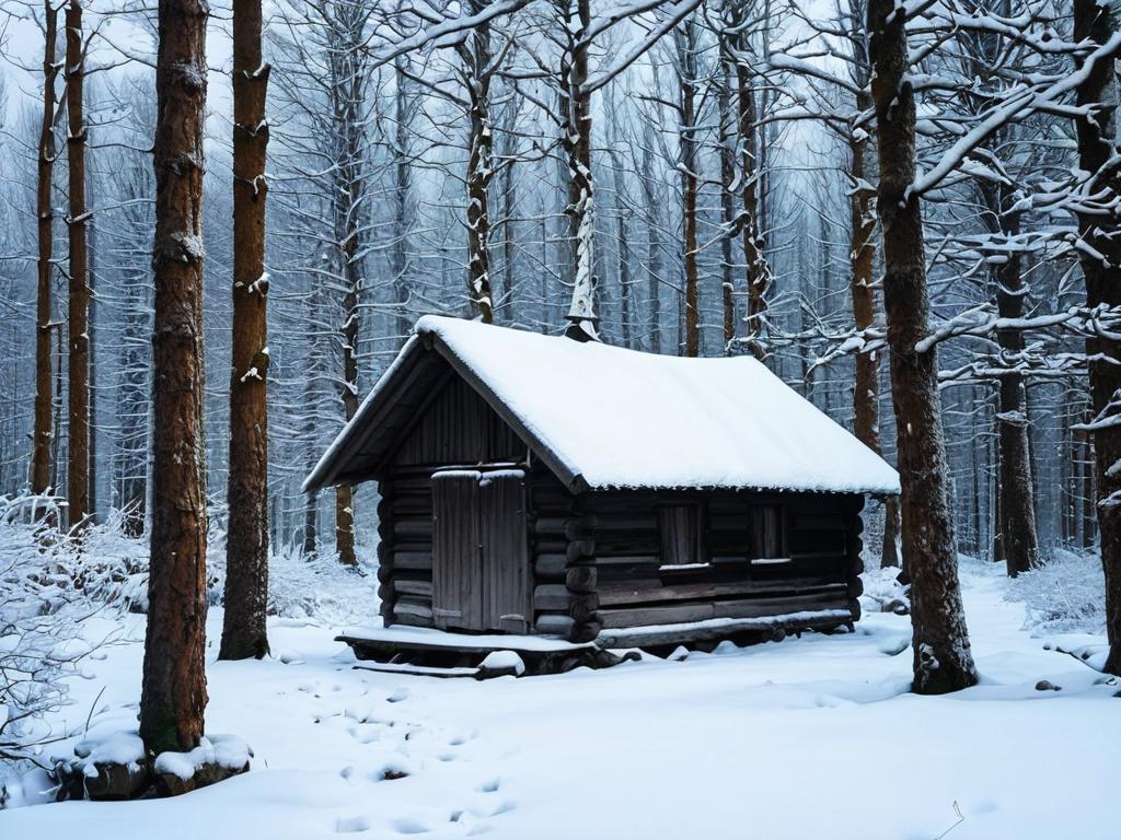 Старая деревянная избушка в зимнем лесу, символизирующая одиночество.