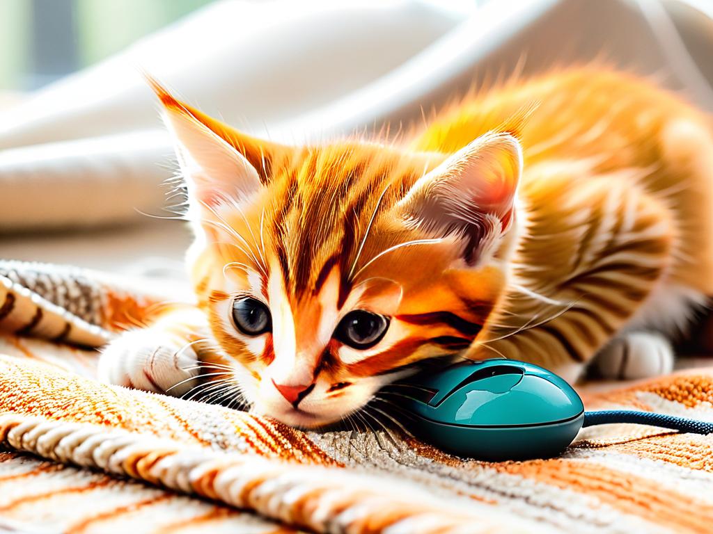 Рыжий полосатый котенок, мурлыкающий во время игры с игрушечной мышкой на мягком пледе