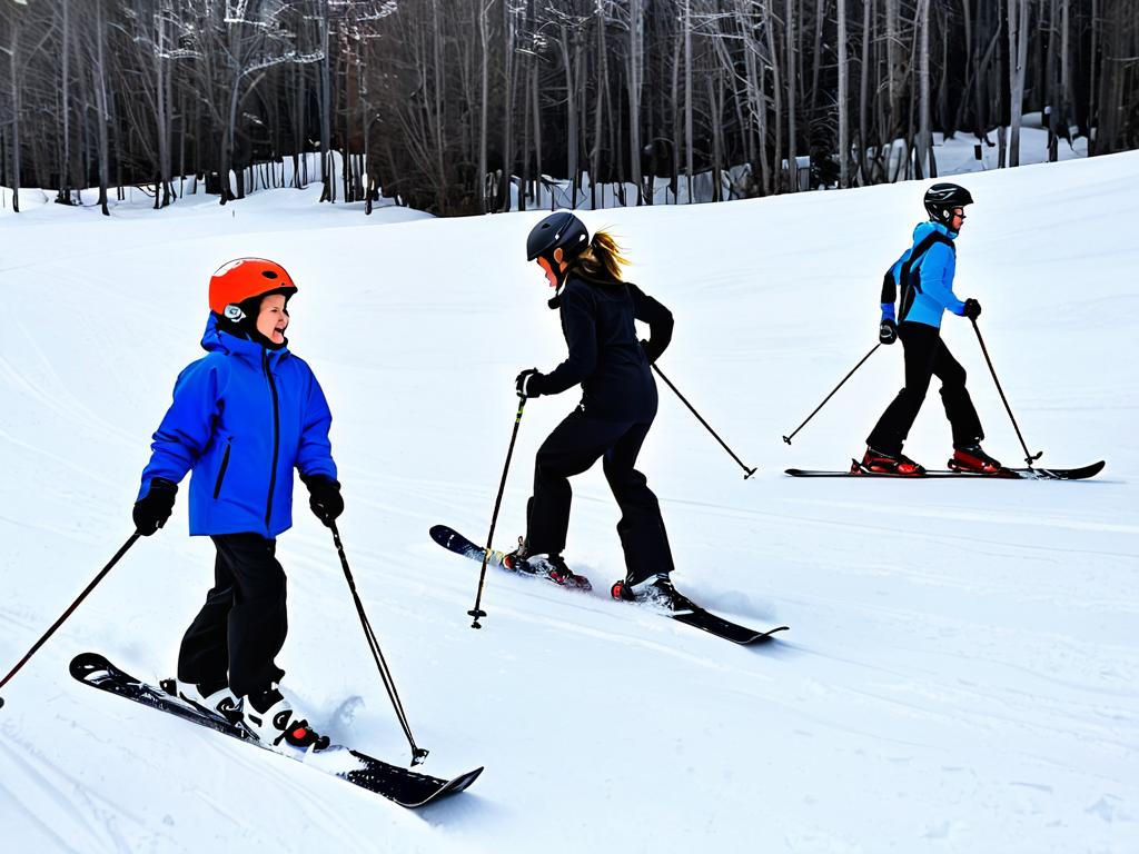 Ученики катаются на лыжах на уроке физкультуры зимой
