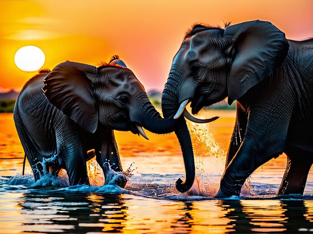 Два молодых слоненка играют вместе в воде на закате
