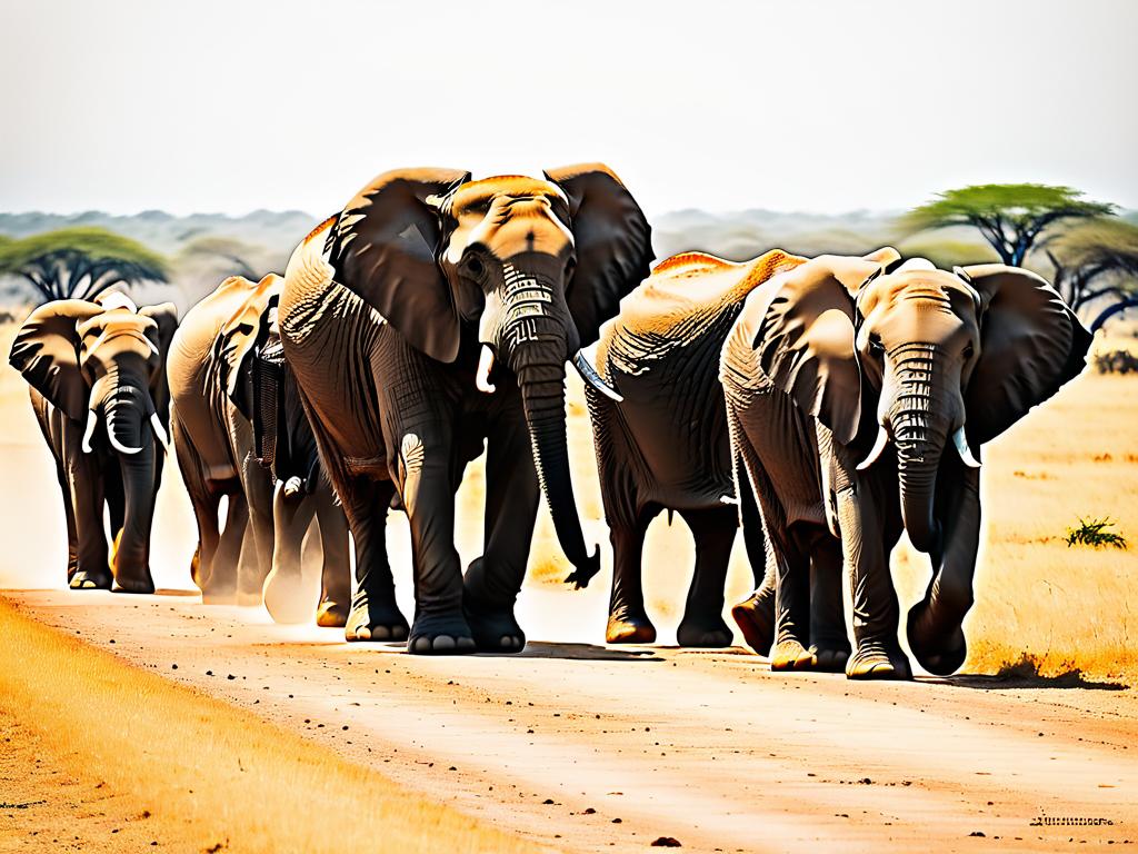 Стадо африканских слонов идет в жаркий летний день и ищет тень