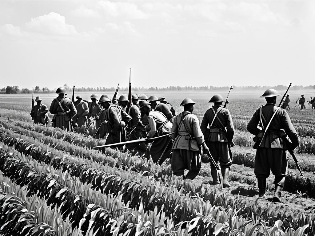 Крестьяне работают в поле под надзором солдат. Черно-белая фотография крестьян, которых заставляют