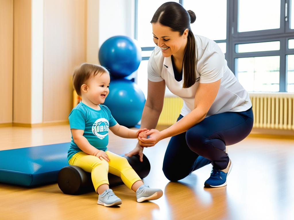 Физиотерапевт проводит занятие с ребенком, имеющим синдром Дауна