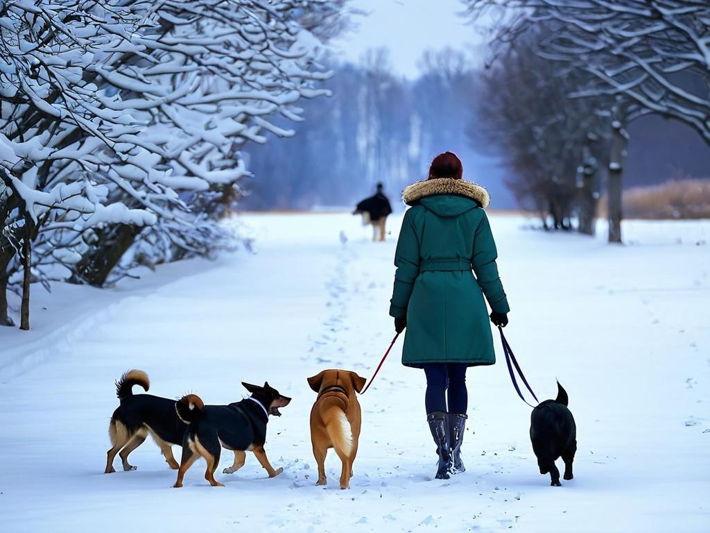 Женщина в зимнем пальто гуляет с собаками на улице во время снегопада