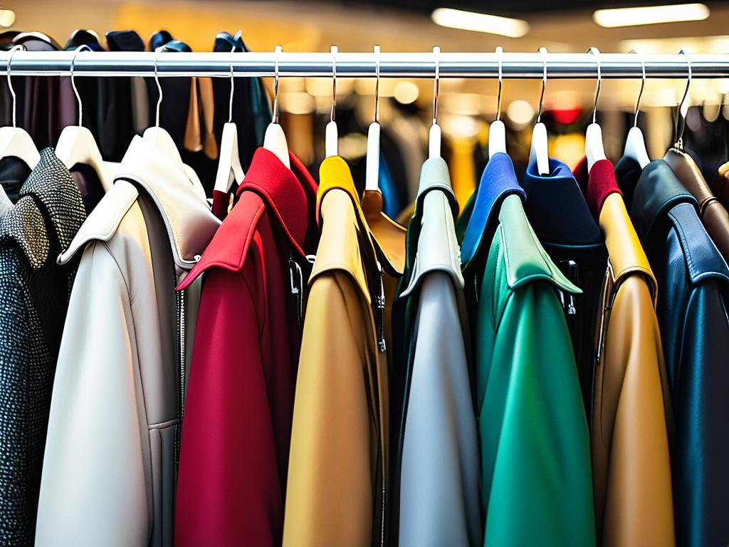 Ряд женских зимних пальто на вешалках в магазине одежды