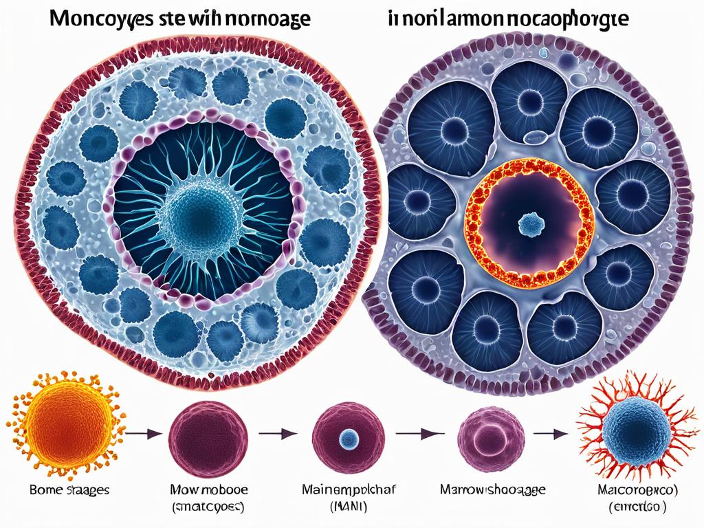 Этапы развития моноцитов от костного мозга до макрофагов с описанием основных функций