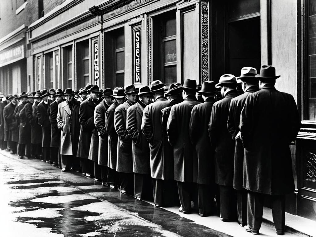 Очередь безработных за едой на благотворительной кухне во время Великой депрессии в Чикаго