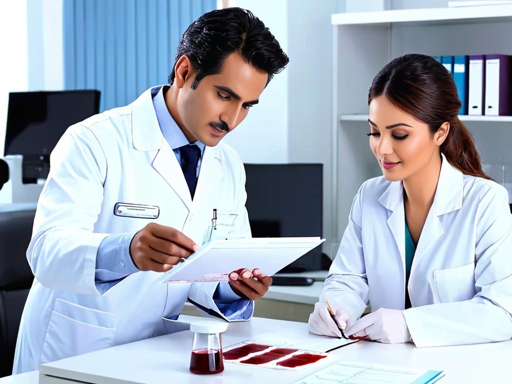 Врач анализирует результаты анализа крови женщины-пациентки в лаборатории