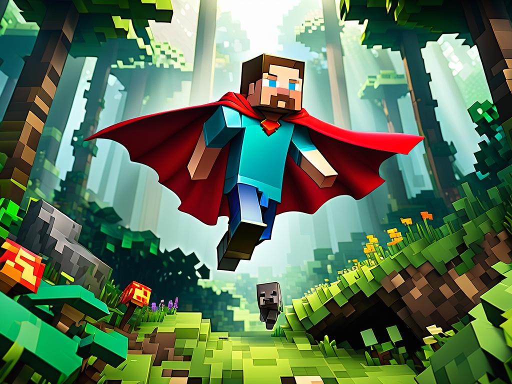 Персонаж Майнкрафт с плащом прыгает на фоне лесного пейзажа с игрой в высоком разрешении