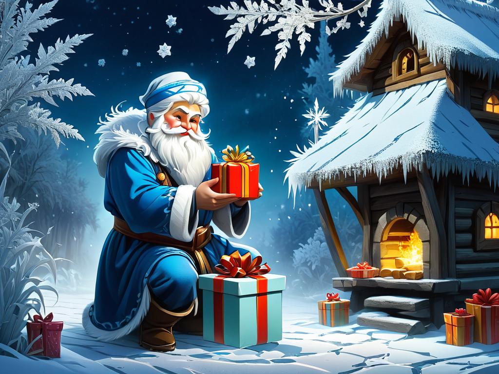 Волшебный Мороз Иванович из сказки награждает подарками за работу и наказывает ленивицу
