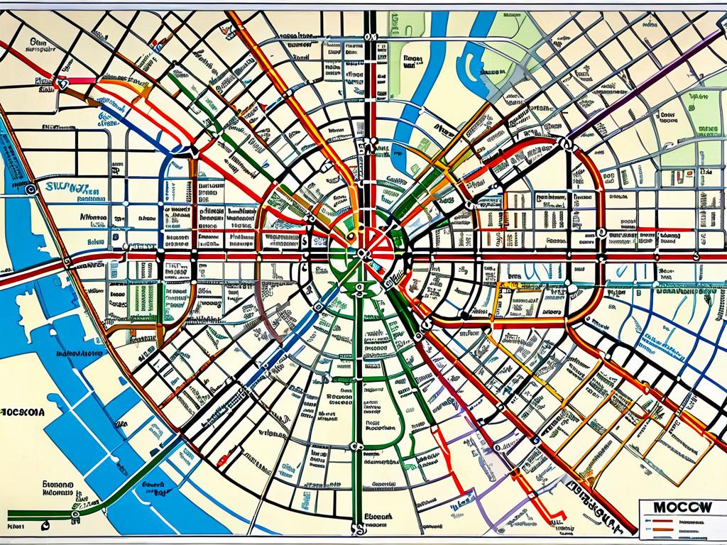 Большая бумажная карта с существующими и запланированными будущими линиями метро и станциями Москвы