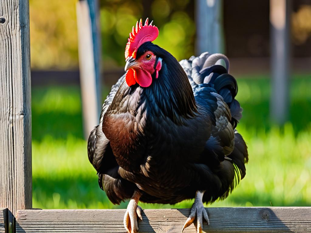Фото черной курицы породы австралорп на заборе