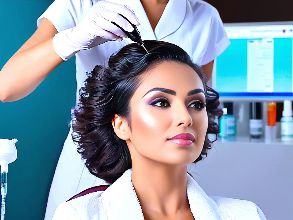 Женщина делает инъекции плазмы на кожу головы в клинике красоты