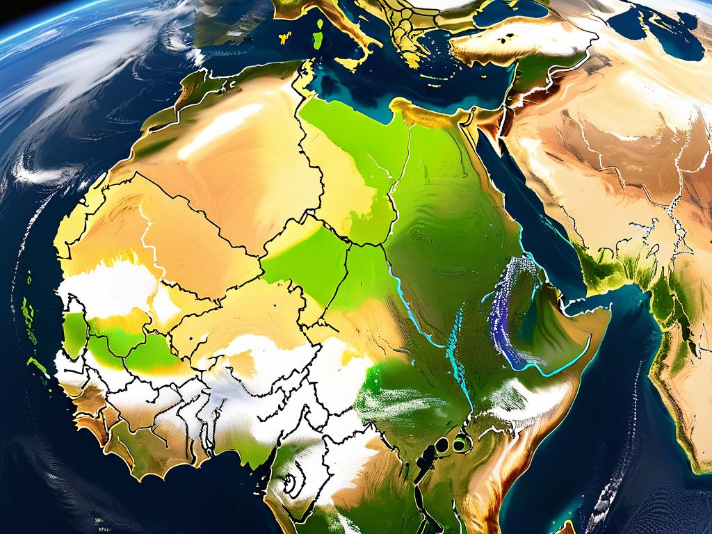 Спутниковый снимок разнообразной географии Африки, включая пустыню Сахара, тропические леса, реку