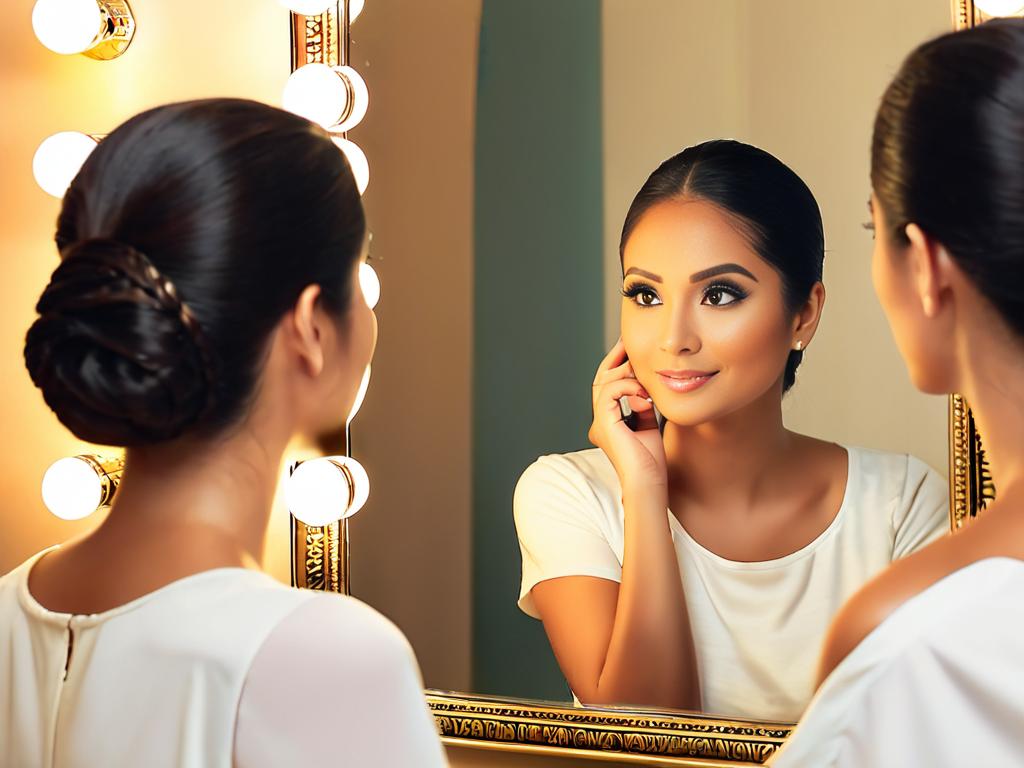 Женщина смотрит на себя в зеркало и видит красоту