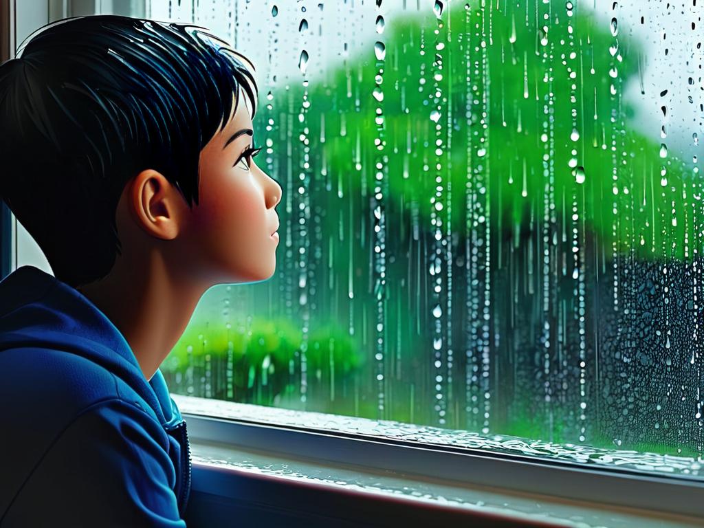 Человек смотрит в окно на дождь, что демонстрирует использование паст континьюс для описания