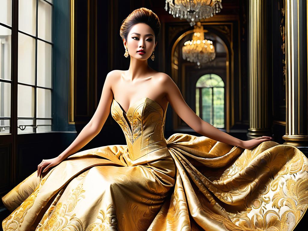 Современное вечернее платье от кутюр из золотой парчи, отражающее роскошь и богатство прошлых времен