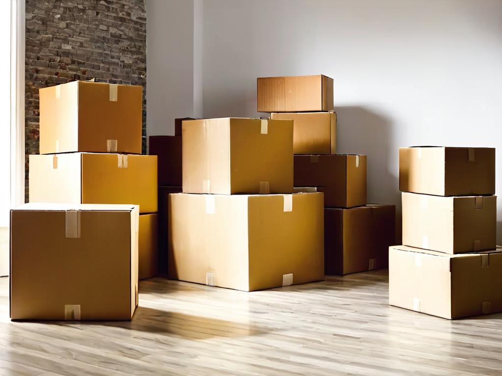 Стопка упакованных коробок для переезда на полу пустой комнаты