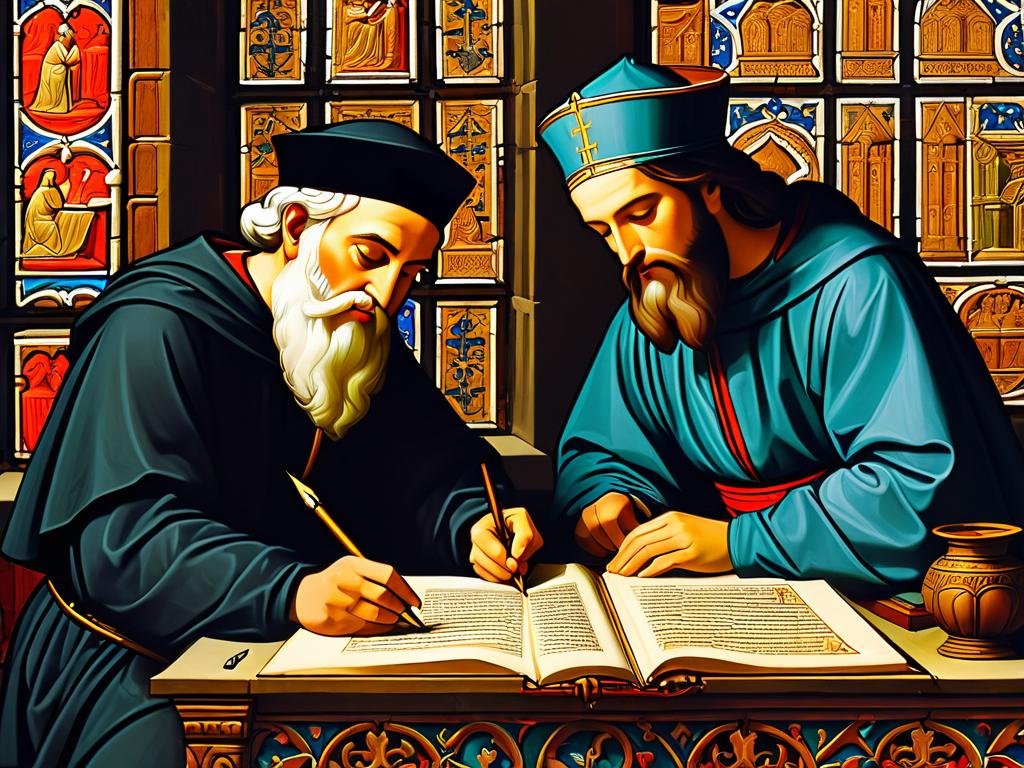 Средневековые писцы пишут и иллюминируют рукописи в скриптории
