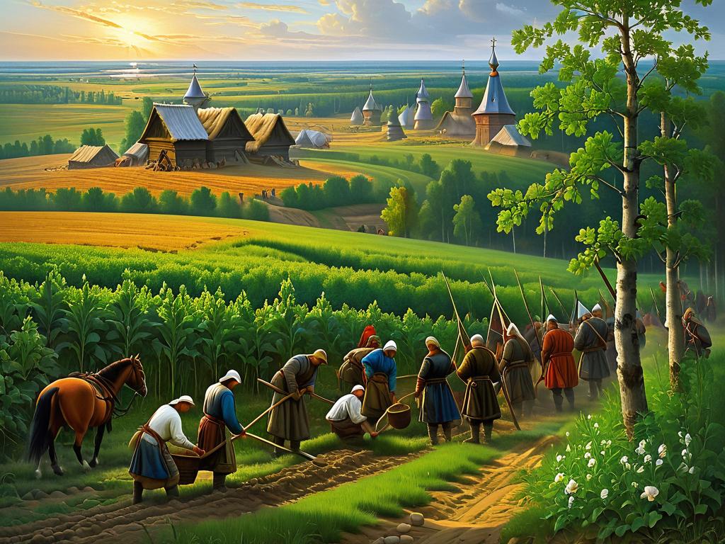 На картине изображены средневековые русские крестьяне, работающие на земле и платящие дань