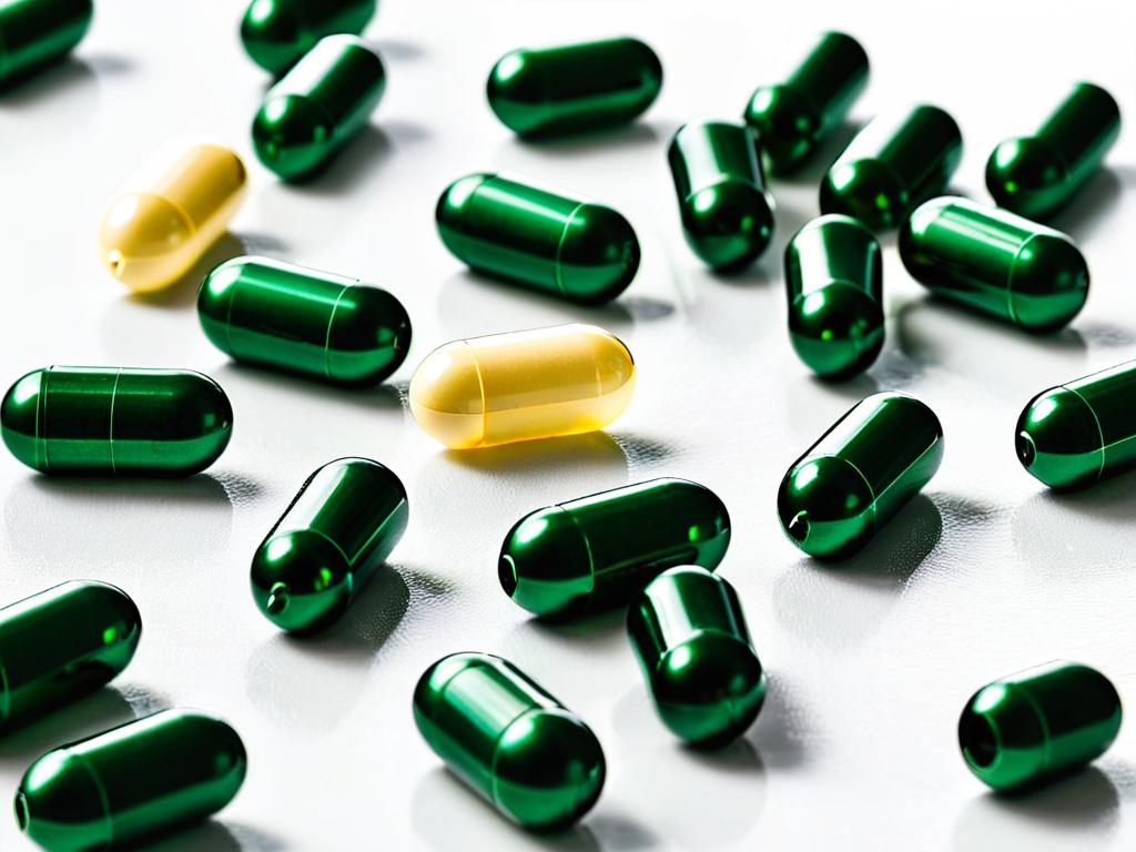 Крупный план препарата Пантовигар - желатиновые капсулы с темно-зелеными крышечками и корпусами