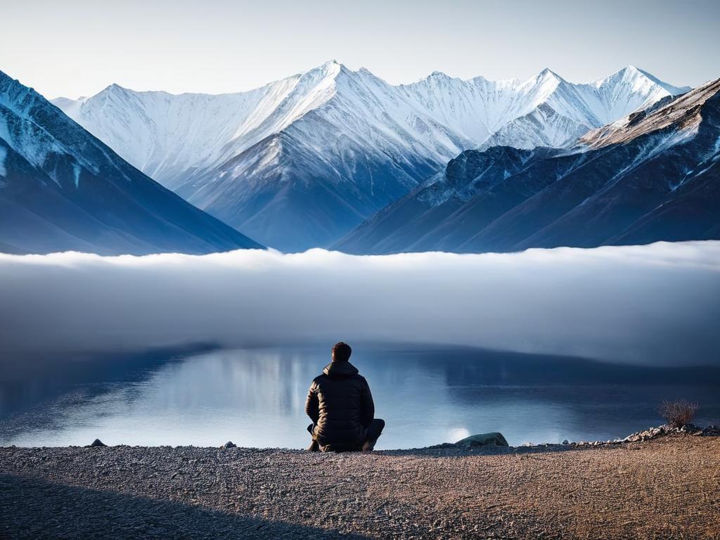 Одинокий человек смотрит на горный пейзаж