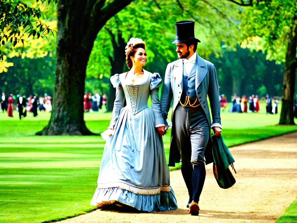 Мужчина и женщина в одежде 19 века гуляют в парке