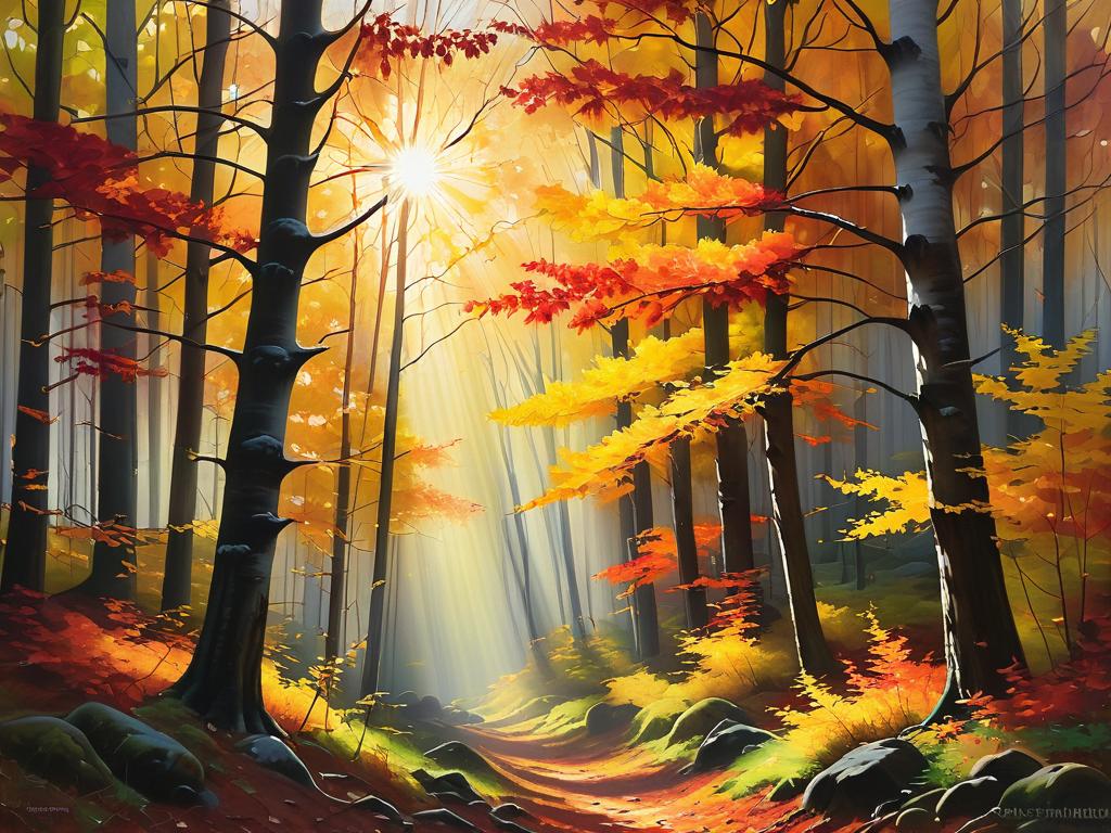 Картина осеннего леса с деревьями в пестрой листве и пробивающимися сквозь ветви солнечными лучами