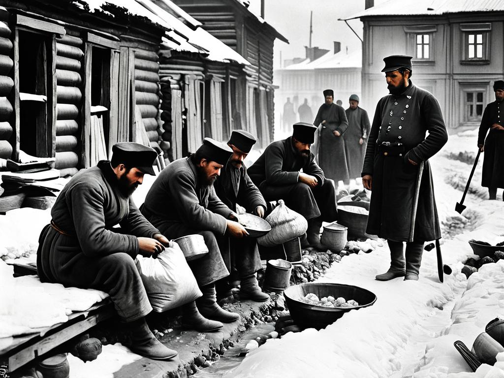 Старинная фотография, демонстрирующая тяжелые условия жизни рабочих в России конца XIX века