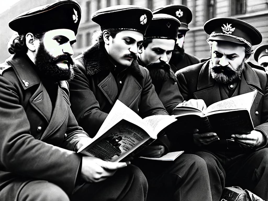 Старая черно-белая фотография российских революционеров за чтением книги Карла Маркса «Капитал»