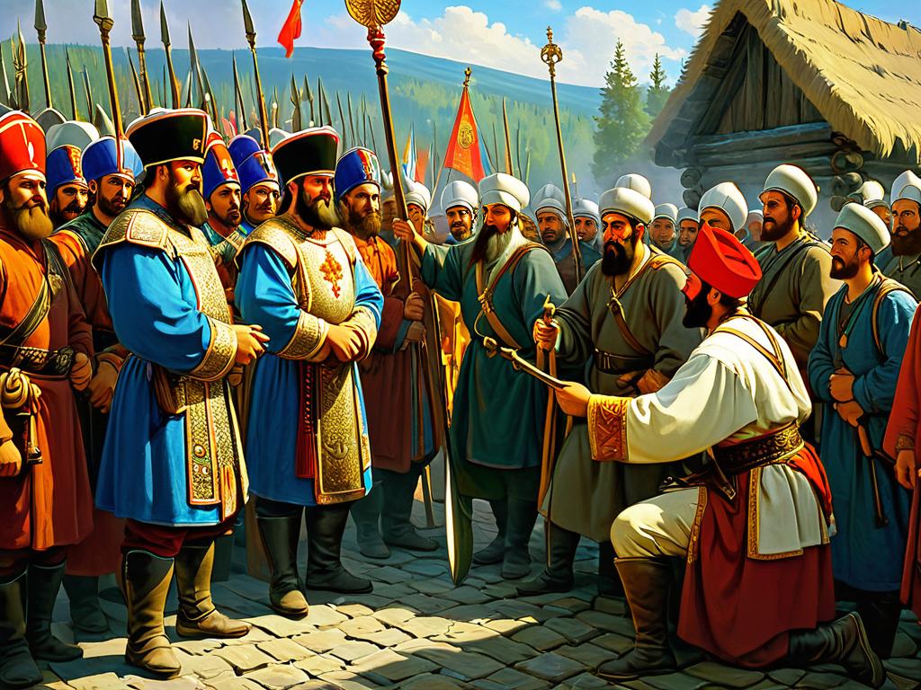 Изображение российских бояр, получающих дань от крепостных крестьян