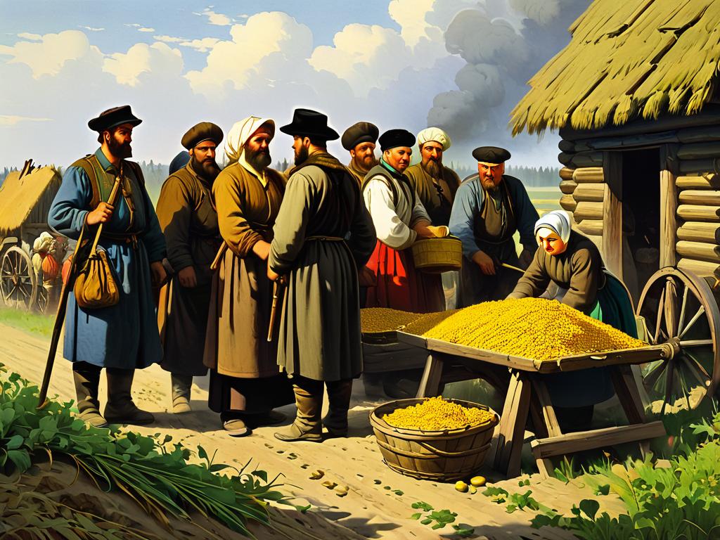 Старая иллюстрация, изображающая русских крестьян, вносящих оброк