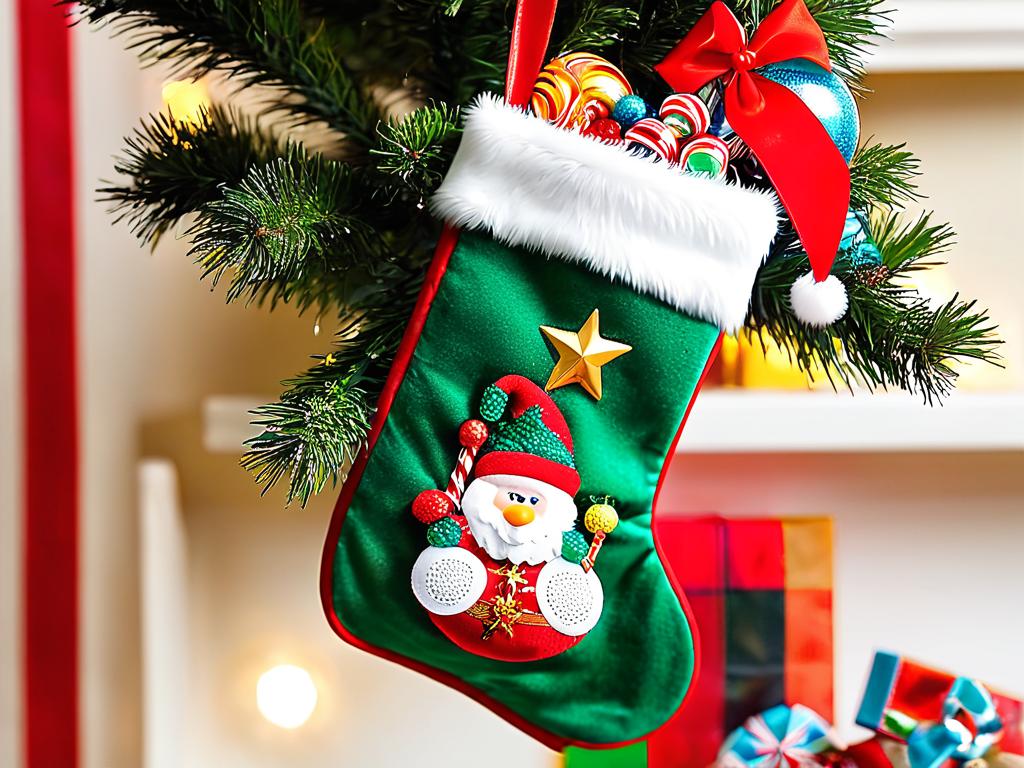 Носок с подарками и сладостями для детей висит на ветке новогодней елки