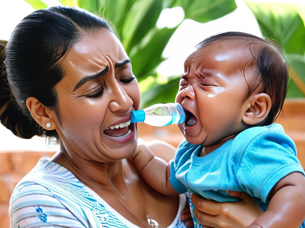 Обезвоженный плачущий ребенок, которому мать пытается дать воду