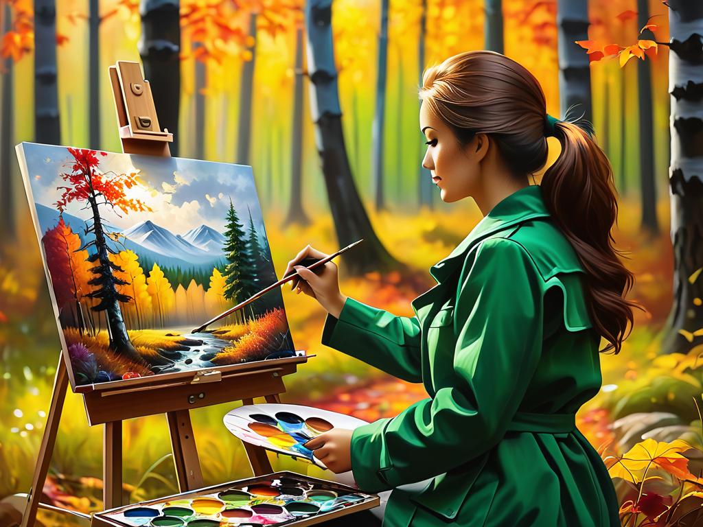 Фото художника, пишущего картину осеннего леса