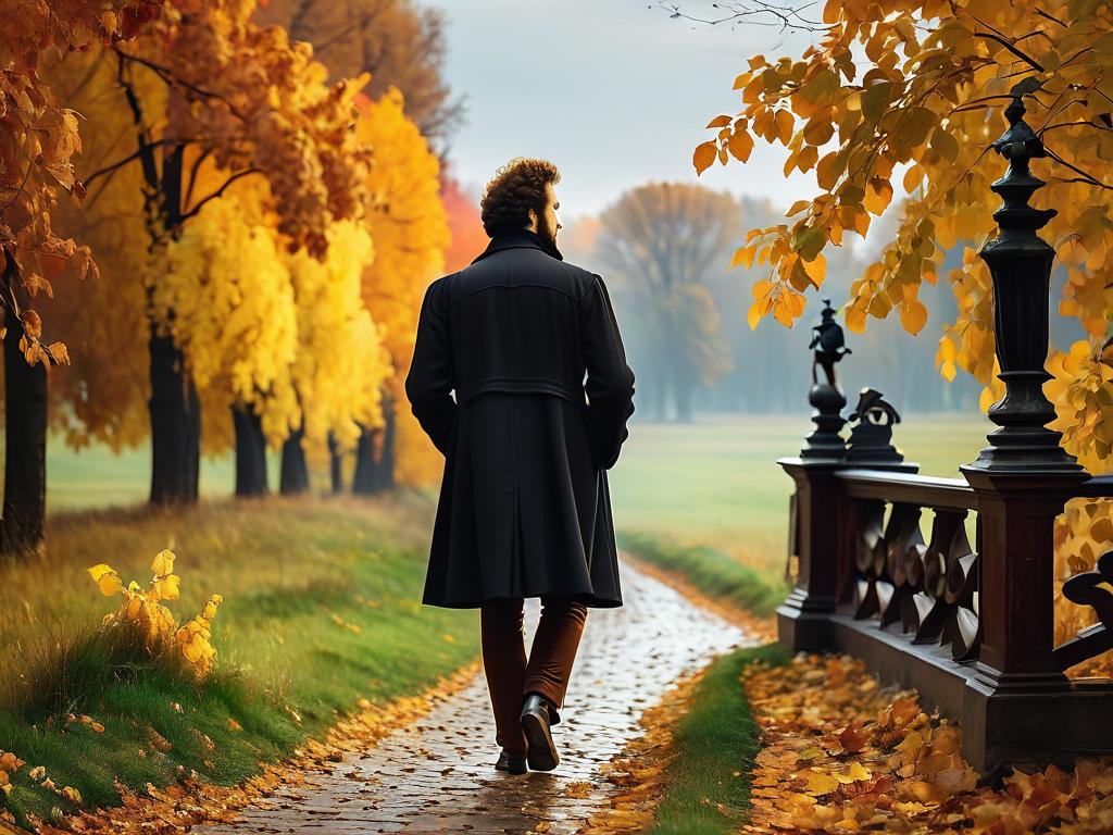 Фотография Александра Пушкина, гуляющего на природе осенью и размышляющего о поэтических строчках