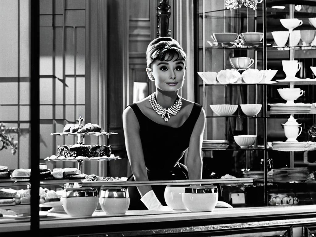 Одри Хепберн стоит и смотрит в витрину магазина в фильме Завтрак у Тиффани
