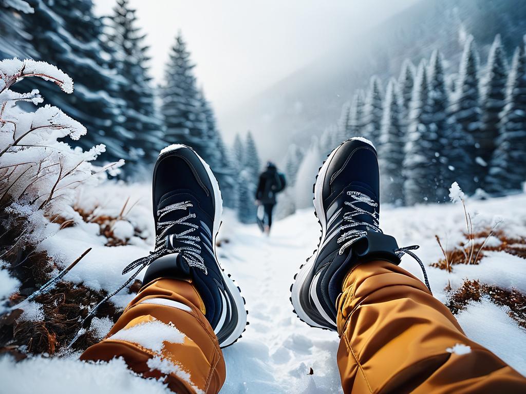 Зимний пейзаж человек в зимних кроссовках на улице в снегу