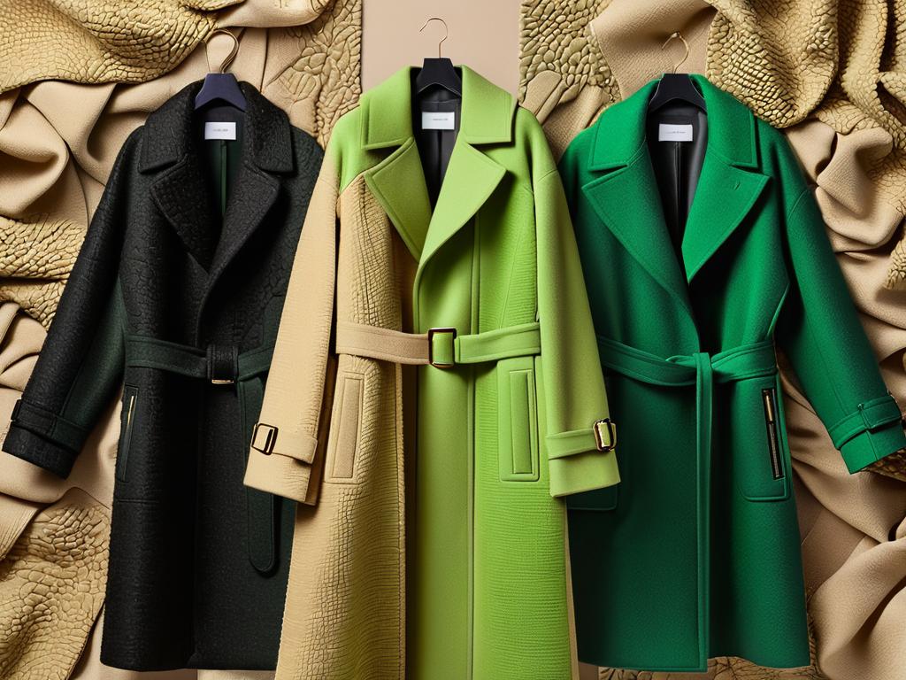 Коллаж пальто различных фактур в бежевом, зеленом, черном цветах