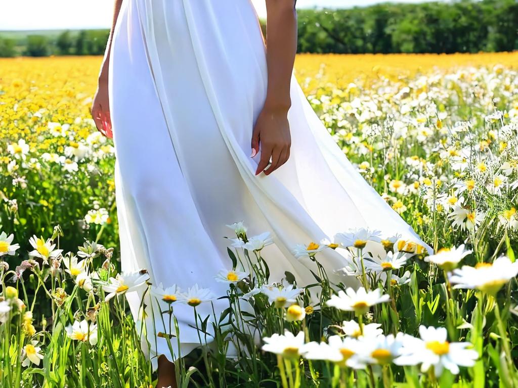 девушка в белом платье стоит в поле цветов