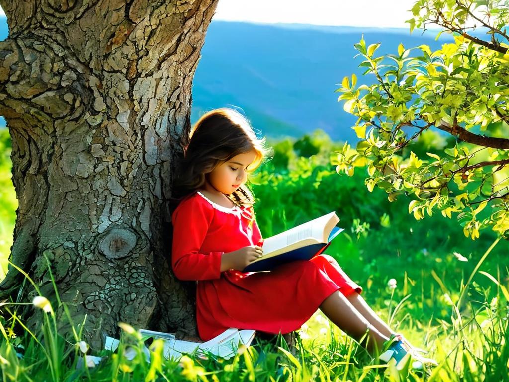 девушка сидит у дерева и читает книгу на природе