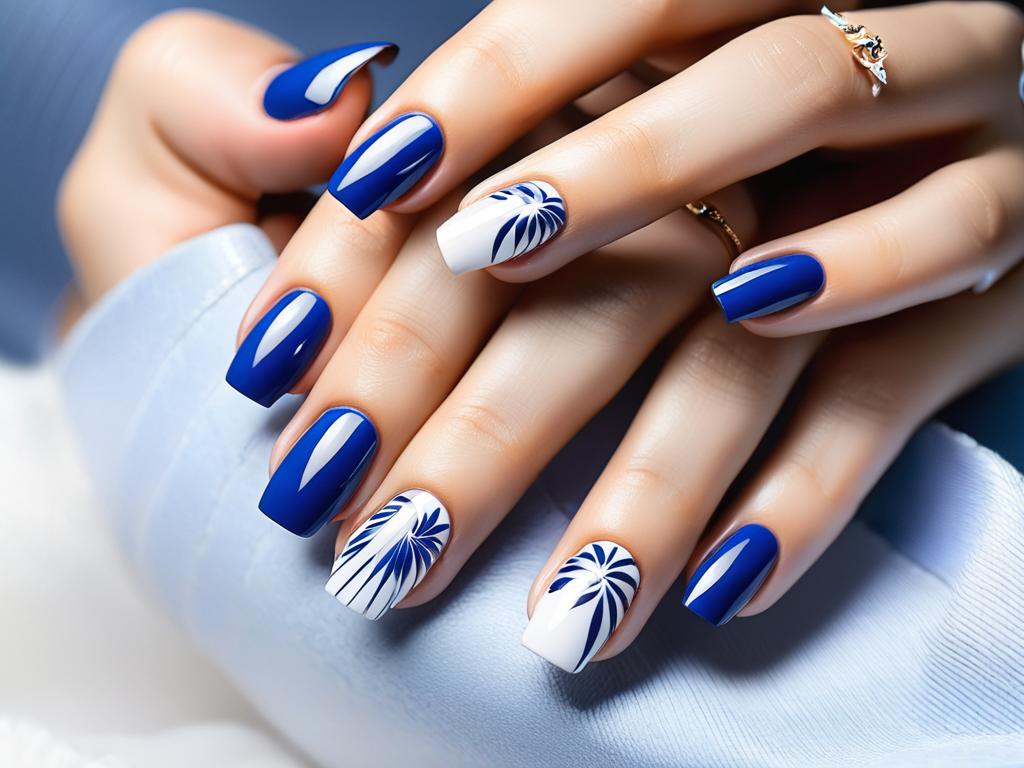 Фото женской руки с бело-голубым дизайном ногтей