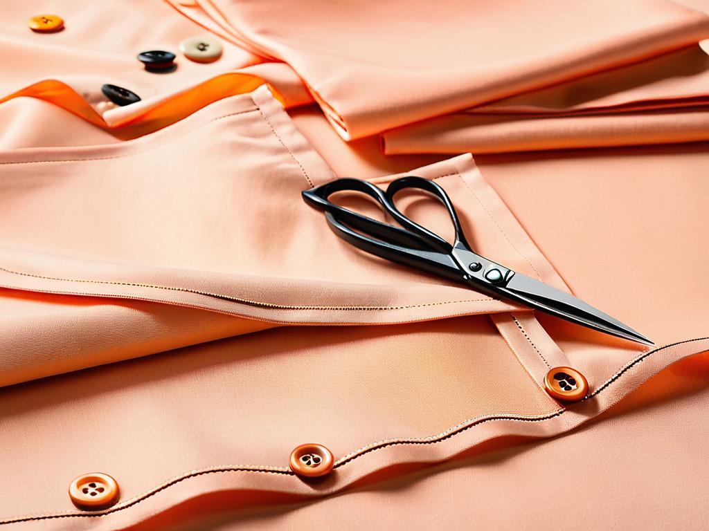Стопка тканей персикового цвета с ножницами и пуговицами